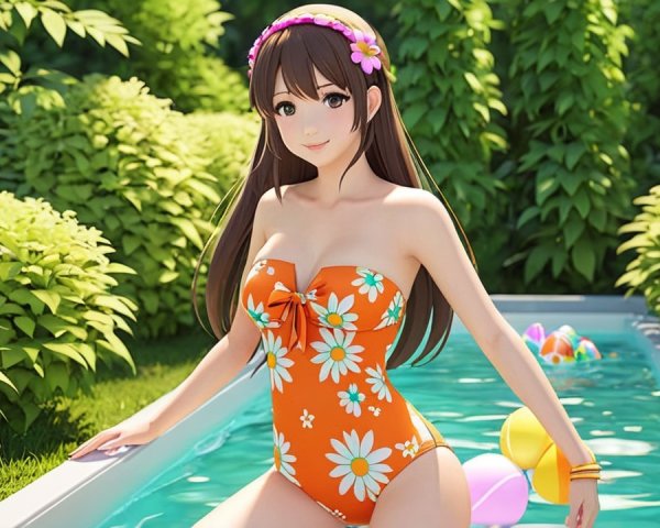 Cheerful woman in orange swimsuit by clear pool