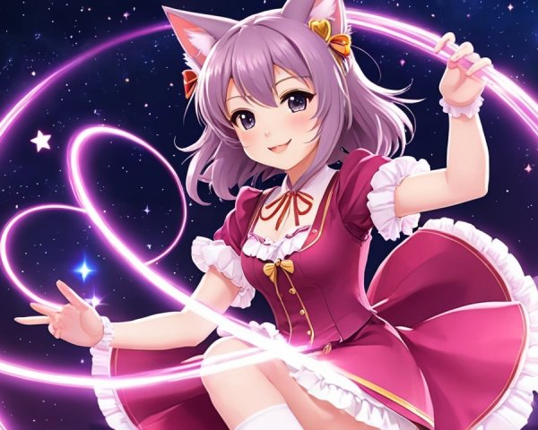 Cute anime character with cat ears in pink outfit