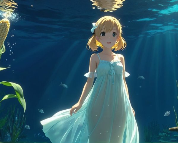 Underwater Scene with Girl in Blue Dress and Fish