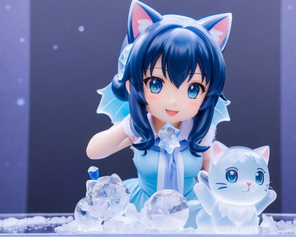 Cheerful girl with blue hair and cat ears in ice scene