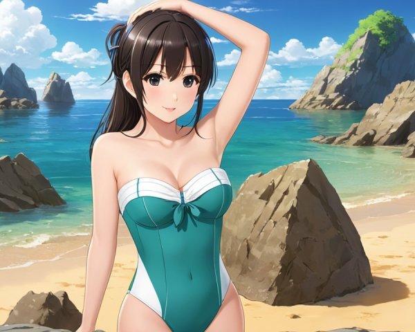 Young Woman in Teal Swimsuit at Scenic Beach
