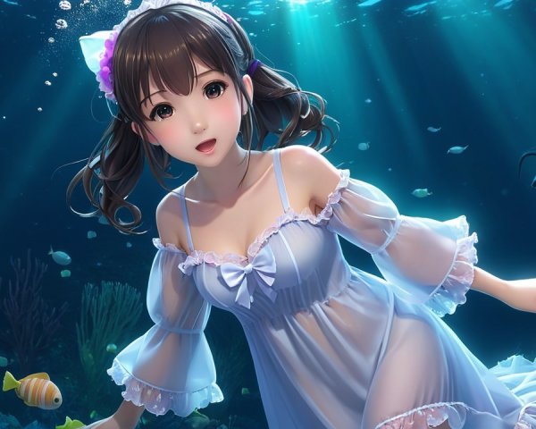 Underwater Scene with a Young Girl and Colorful Fish