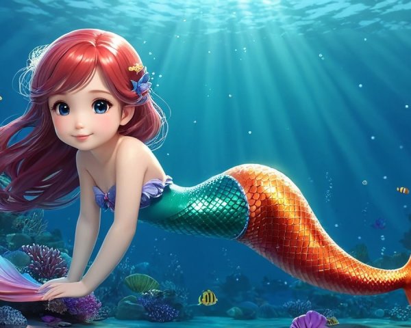 Underwater Scene with Mermaid and Colorful Coral
