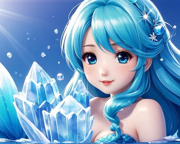 Underwater Scene with Girl and Sparkling Ice Crystals