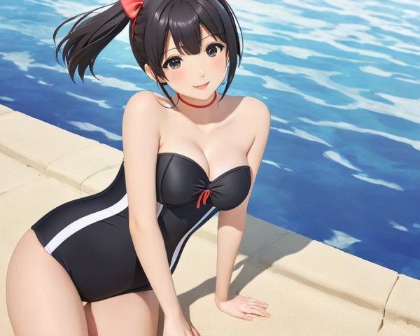 Cheerful Woman in Black Swimsuit by Blue Pool