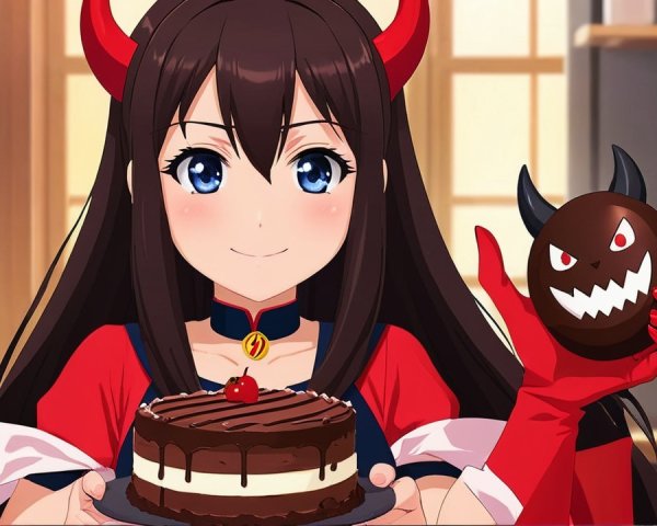Cheerful girl with cake in a warm kitchen setting
