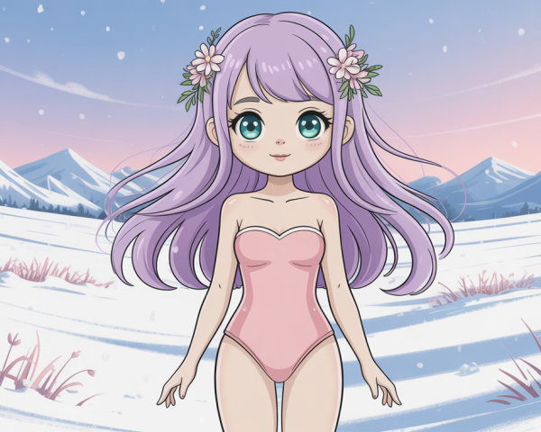 Chibi girl in pink bodysuit in winter landscape