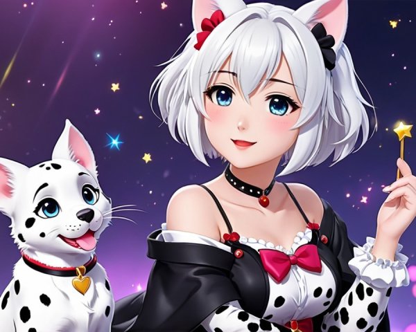 Cheerful girl with cat paws and playful Dalmatian dog