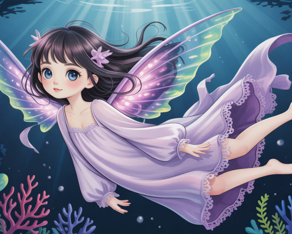 Anime Fairy Swimming in Colorful Coral Reef