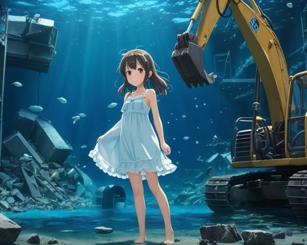Underwater Scene with Girl in White Dress and Excavator