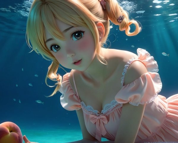Blonde-haired girl in pink dress submerged underwater