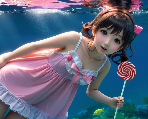 Underwater Scene with Girl in Pink Dress and Lollipop