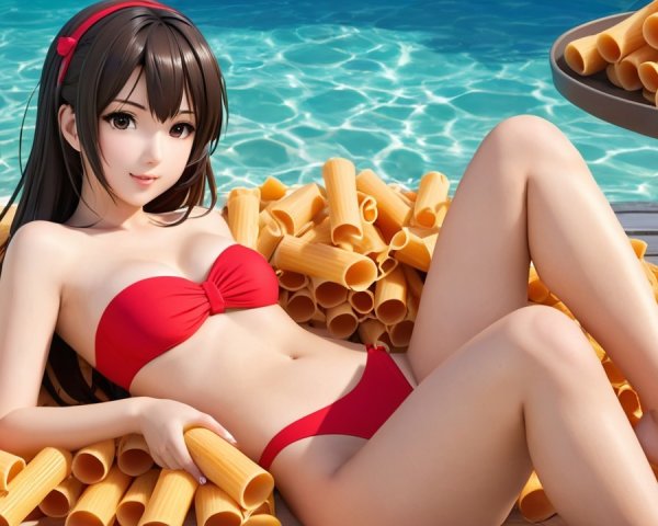 Anime Character Poolside with Pasta Shapes and Water