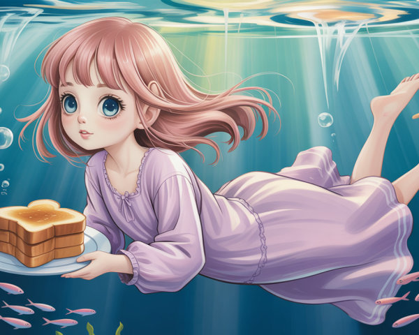 Cute girl underwater with toast and colorful fish