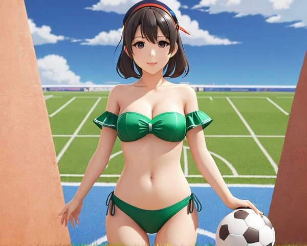 Animated character in green outfit on soccer field