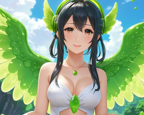 Character with Green Wings Against Blue Sky