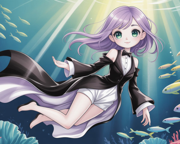 Anime-style swimming girl with lavender hair and fish