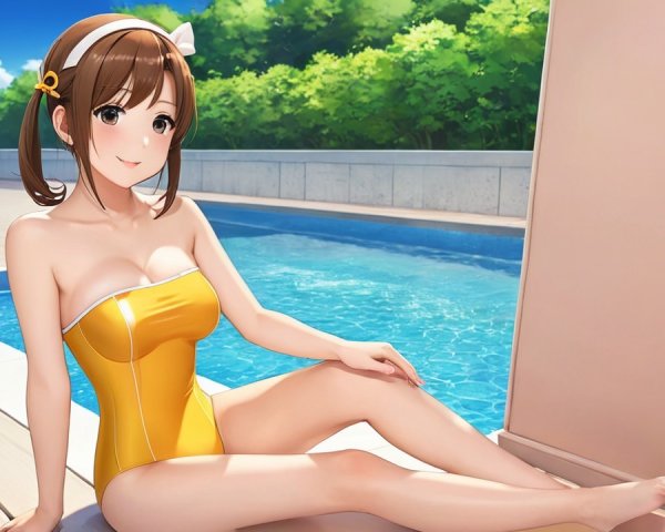 Cheerful Anime Character by a Shimmering Pool