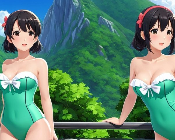 Animated Characters in Green Swimsuits in Summer Scene