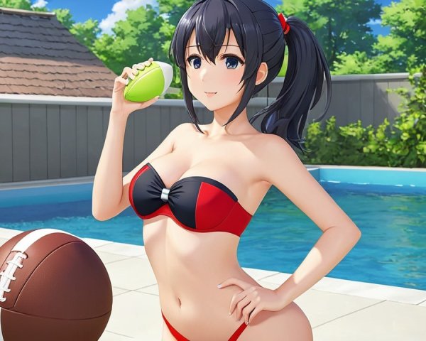 Anime Girl by Pool with Green Football and Rugby Ball