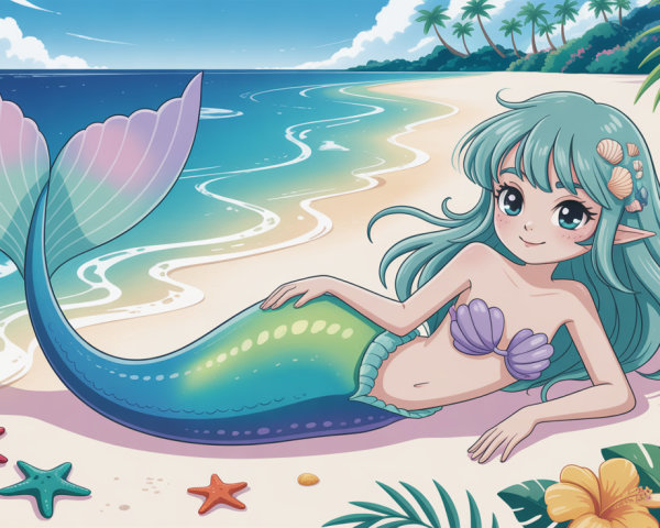 Vibrant Cartoon Mermaid Illustration on Sandy Beach
