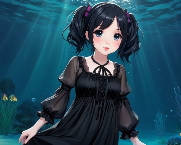 Anime Character in Black Dress Underwater Scene