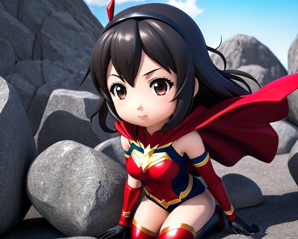 Chibi-style superhero character in colorful costume