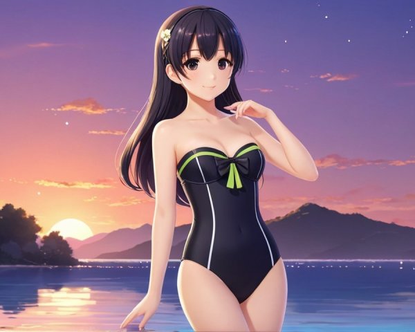 Young Woman in Black Swimsuit at Sunset Beach