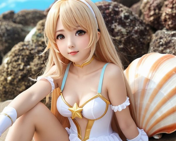 Character on Beach with Shells and Ocean View