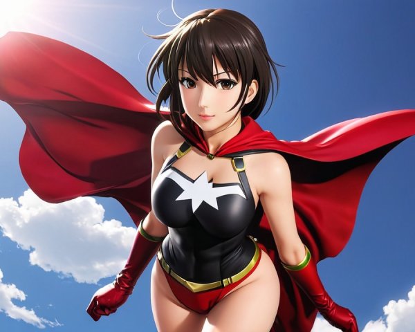 Female superhero in black costume with red cape