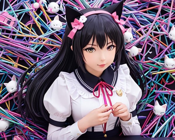 Girl in White Dress Surrounded by Colorful Straws