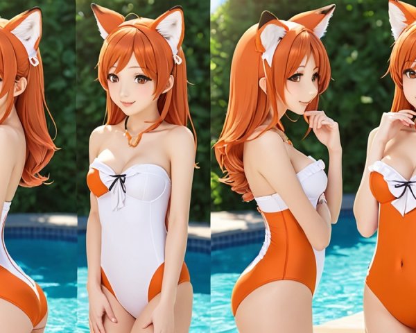 Young woman in fox-inspired swimsuit by poolside