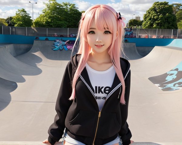 Young girl in skate park with pink hair and graffiti