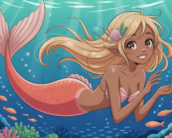 Cute Dark-Skinned Mermaid Illustration Underwater