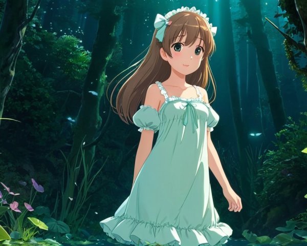 Young girl in green nightgown in serene forest setting