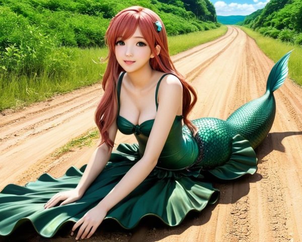 Mermaid on a Dirt Road in Lush Green Fields