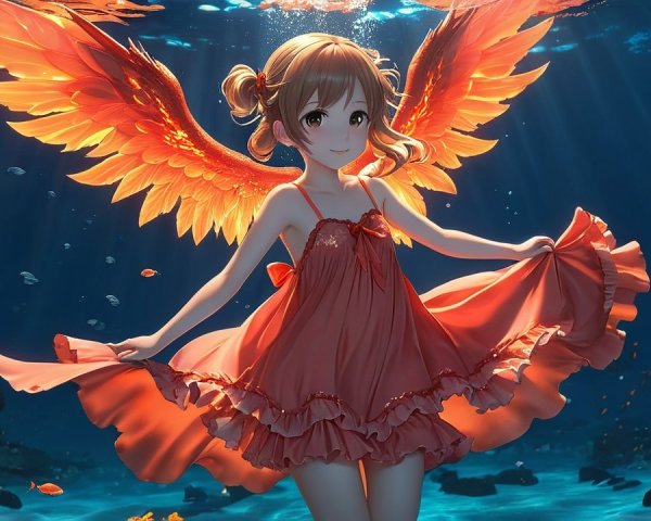 Underwater Scene with Girl and Fiery Orange Wings