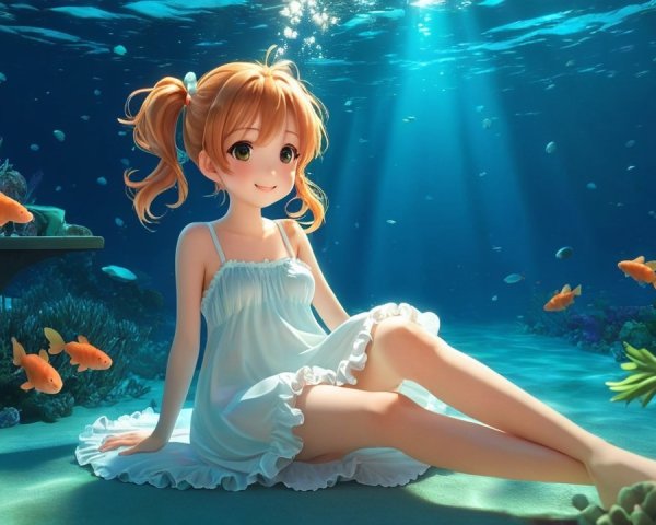 Cheerful anime girl in white dress on ocean floor