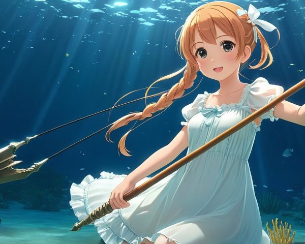 Cheerful girl in white dress underwater with fish