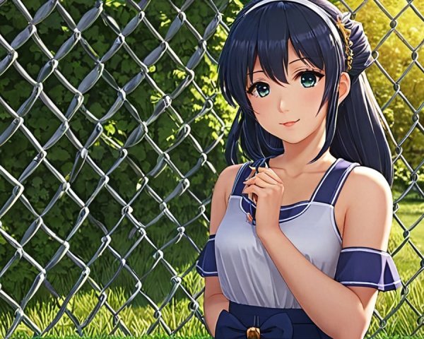 Young woman with dark hair by a chain-link fence