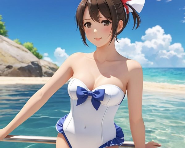 Young woman in blue and white swimsuit at the beach