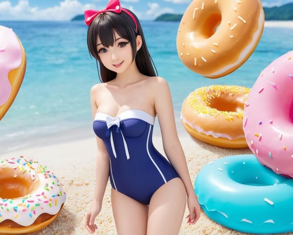 Cheerful Young Woman in Stylish Swimsuit on Beach