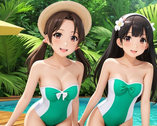 Cheerful Women by Tropical Poolside in Stylish Swimsuits