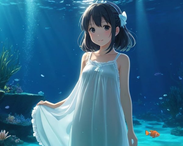 Young girl in white dress beneath vibrant coral reefs