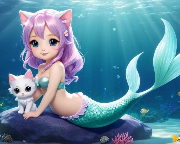 Whimsical Underwater Scene with Mermaid and Kitten