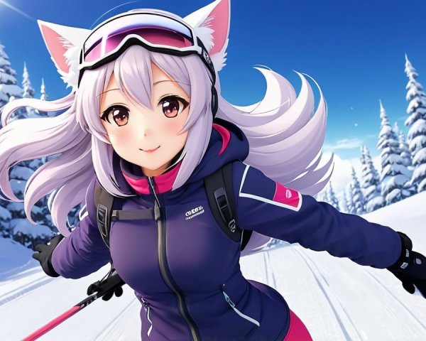 Cheerful anime character skiing in a snowy landscape