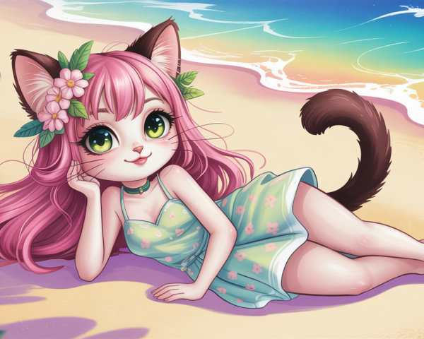 Vibrant Anime Illustration of a Feline Character on Beach