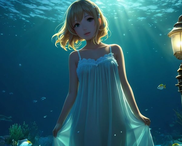 Underwater Scene with Woman in White Gown and Fish