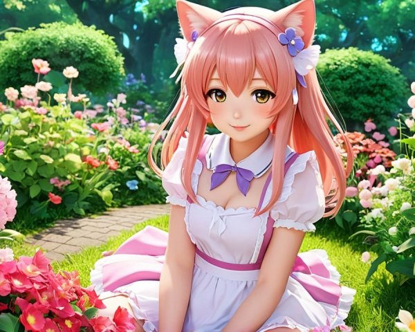 Cheerful anime character in vibrant flower garden