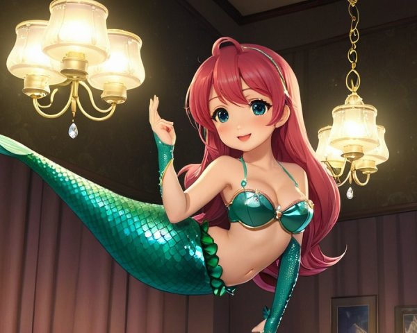 Cheerful animated mermaid with red hair and green tail
